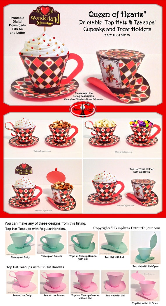 3D Paper Teacup w/Saucer, Queen of Hearts Mad Hatter Tea Party Teacup  Cupcake Wraps, Alice in Wonderland Mini Top Hat Favors, PRINTABLE thtc