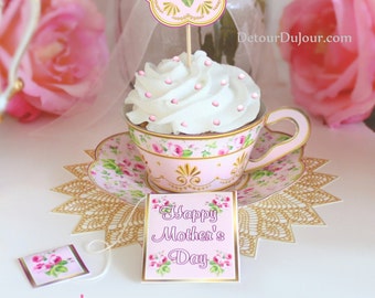 3D Mother's Day Card PRINTABLE Greeting Card and Cupcake in 1, Mother's Day Tea Cup, Paper Tea Cup Cupcake Wrappers, Pink Teacup and Saucer