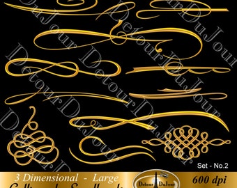 Large Gold Clipart Swirls Metallic Flourishes Decorative Elements Filigree Accents Embellishments Ornamental Scroll for Signs Commercial Use