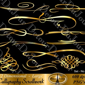 Clipart s'épanouit en or, 11 volutes métalliques en filigrane, touches numériques ornementales, calligraphie, carton d'invitation pour un usage commercial