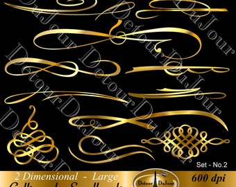 Gold Flourishes Clipart, 11 Metallic Swirls Filigree Scrolls Ornamental Digital Accents, Calligraphy, Invitation Card Making Commercial Use