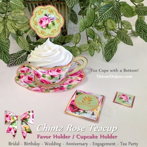 Pink Rose Paper Tea Cup Party Cupcake Wrapper Set, Weddings, Birthdays, Mother&#39;s Day, RTC- 001 Bridal Showers, Tea Party