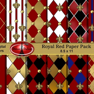 Puede incluir: Un paquete de 12 papeles digitales con una variedad de patrones rojos, dorados, blancos y negros con diseños de flores de lis. Los papeles miden 8,5 x 11 pulgadas.