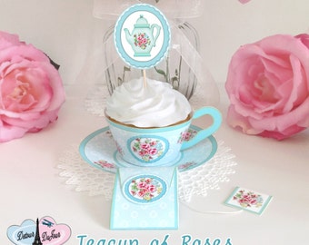 Printable Paper Tea Cup and Saucer, Cupcake Wrappers for Baby Shower, Birthday, Bridal Shower, Blue Paper Teacups