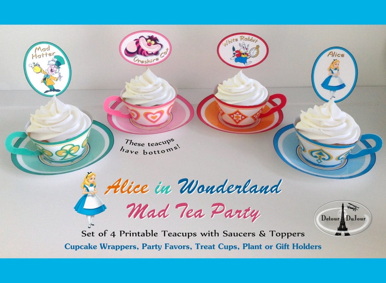 Alice in Wonderland Mad Tea Party 3D Paper Tea Cup Cupcake Holders w/Saucers, PRINTABLE Mad Hatter 3D Teacups, Alice Party Favor Holders image 1