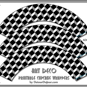 Art Deco Cupcake Wrappers - PRINTABLE  - Black and White Art Deco Blocks, Art Deco Wedding, Birthday Party Cupcakes ADC 014