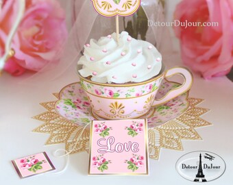 Paper Tea Cups, 5 Piece Tea Party Printable Place Settings, Candy Nut Plant Tea Cup Favors, Tea Cup Style Cupcake Wrapper VTC-001