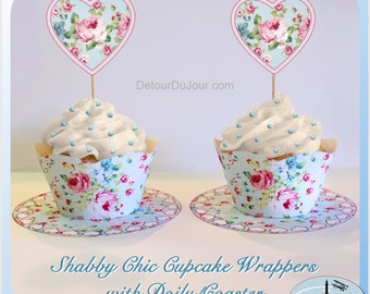 Shabby Chic Blue Cupcake Wrappers with Pink Roses Cupcake Wraps, Scalloped Edges Cupcake Holders, Cupcake Doily, Cupcake Topper, SC1