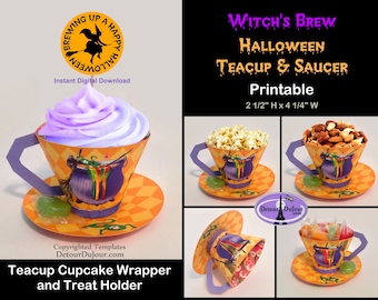 Halloween Paper Tea Cup Cupcake Wrappers Favor Holders Treat Cups, Paper Tea Cup and Saucer PRINTABLE Teacup Cupcake Holders, Witch Brew Tea