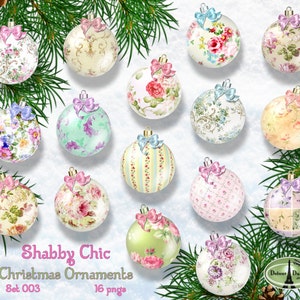 Shabby Chic Christmas Ornament Clipart, 16 Floral Christmas Balls, Digital Christmas Ornament Balls, Digital Ornaments, Commercial Use