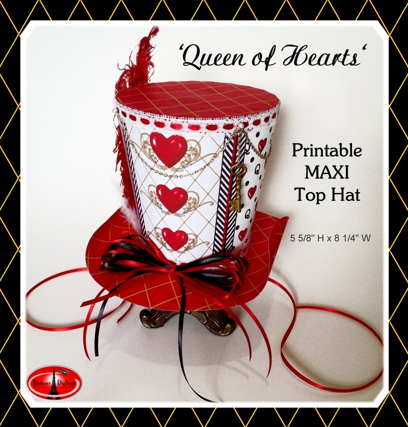 Alice in Wonderland Queen of Hearts Mad Hatter Hat, LARGER Queen of Hearts Maxi Top Hat for Centerpiece, Tea Party Printable image 1