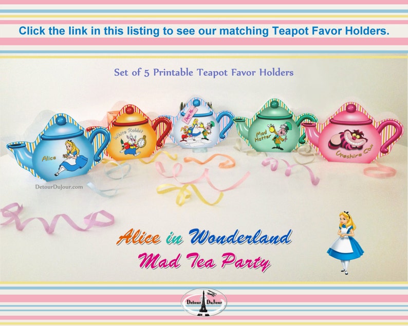 Alice in Wonderland Mad Tea Party 3D Paper Tea Cup Cupcake Holders w/Saucers, PRINTABLE Mad Hatter 3D Teacups, Alice Party Favor Holders image 2