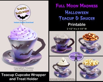 Halloween Paper Tea Cup Cupcake Wrappers Favor Holders Treat Cups, Paper Tea Cup Saucer, PRINTABLE Teacup Cupcake Holders, Full Moon Madness