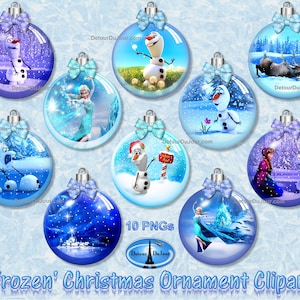 Puede incluir: Una colección de diez adornos navideños redondos con escenas y personajes de la película "Frozen." Cada adorno tiene una tapa plateada y un lazo azul claro. Los adornos representan personajes como Olaf y Elsa en escenas invernales.