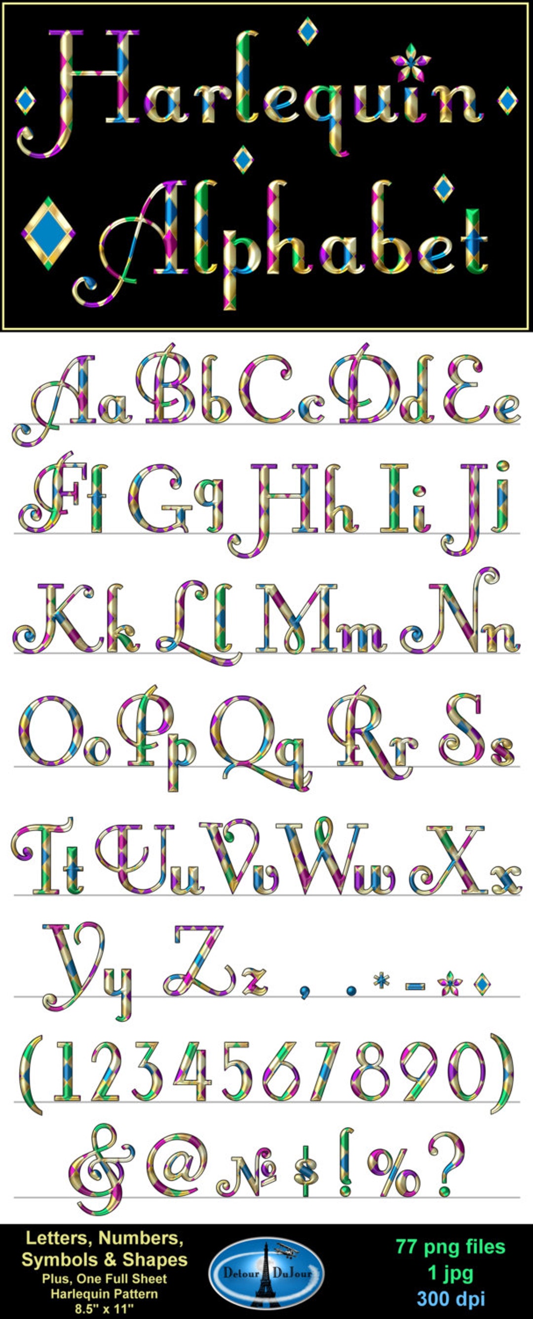 Harlequin Alphabet Letters, New Year's Eve Alphabet Clipart