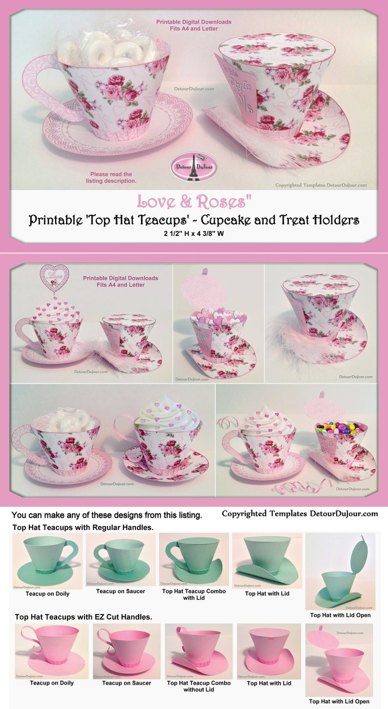 Bridal Shower Tea Party PRINTABLE, Mini Top Hats, Paper Tea Cup Cupcake Wraps, Teacup Cupcake Wrappers, Mini Top Hat Favor Holders, RLH thtc image 1