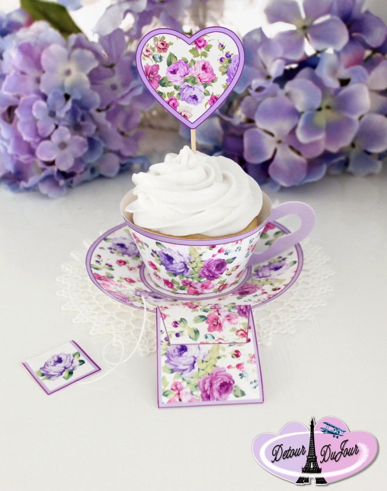 Shabby Chic Cupcake Wrappers Printable Cupcake Wrappers, Purple Teacup