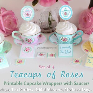 Printable Paper Tea Cup Cupcake Wraps, Set of 4 Tea Party Cupcake Wrappers,  TofR