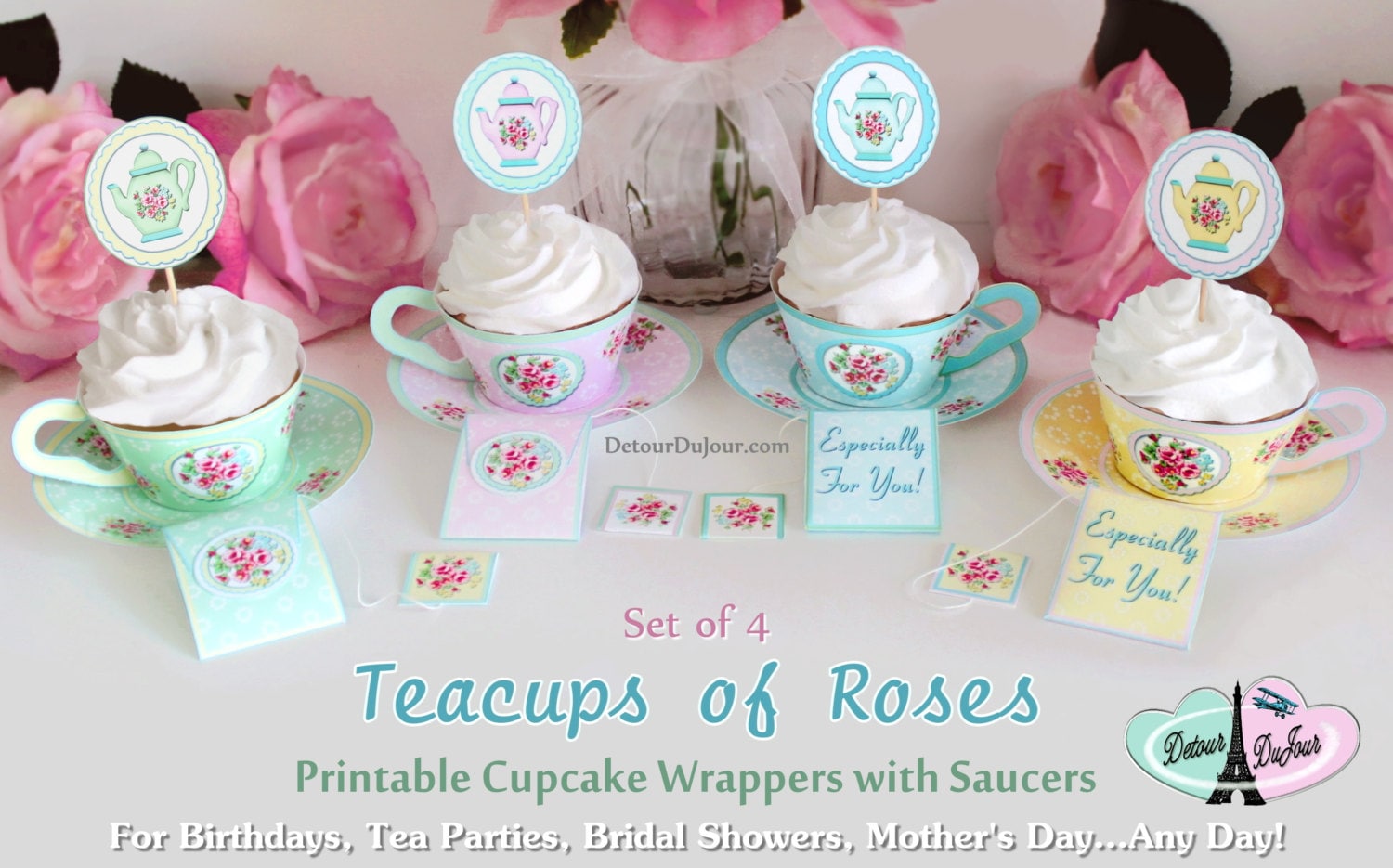 Printable Paper Tea Cup Cupcake Wraps Set of 4 Tea Party Cupcake Wrappers TofR