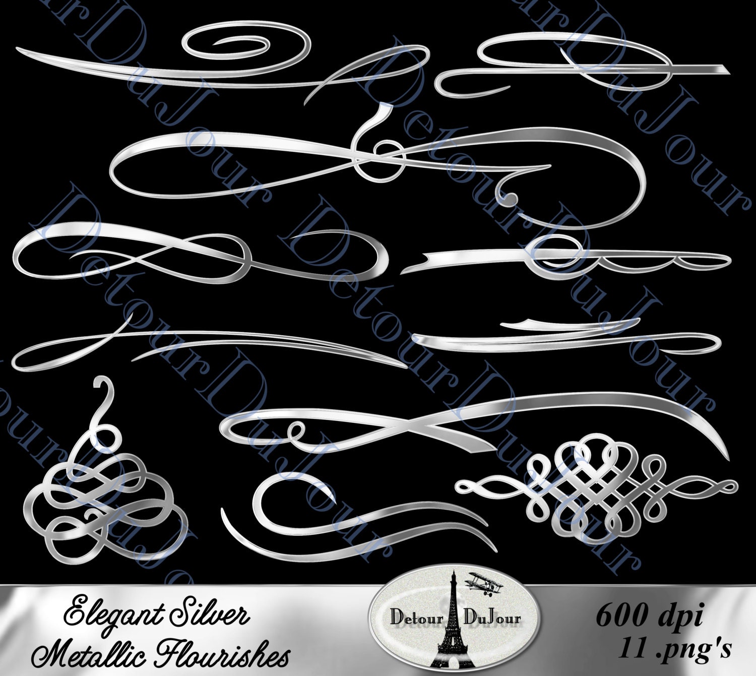 11 Silver Flourishes Swirls Calligraphy Embellishments Decorative
