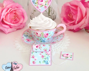 Blue Roses Cupcake Wrappers, Printable Tea Party Decorations, Paper Tea Cup, Cupcake Holders, SC- 001B Party Decor, Cupcake Wraps