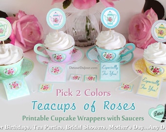 Pretty Paper Tea Cups, Cupcake Holders, Pick 2 colors, Bridal Shower Tea Party Teacups, PRINTABLE FILES, TofR