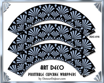 Art Deco Cupcake Wrappers ADc-016 - Black and Blue Palm Frond Design