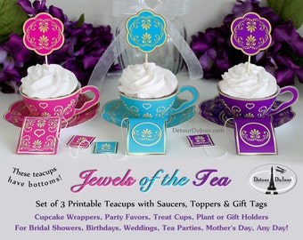 Paper Tea Cups PRINTABLE Paper Teacups, Tea Cup Cupcake Wrappers, Bridal Shower Tea Cups, Paper Tea Cups with Saucers, Tea Party Decorations
