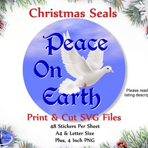 1.25&quot; PRINT & CUT SVG Christmas Seals, 48 Round Christian Christmas Envelope Seals Stickers Gift Labels Peace on Earth Dove, Png, A4, Letter