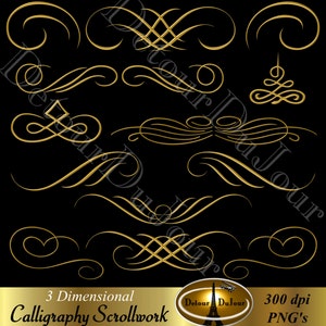 Placas e Clip Art para Cartões, Detalhes Dourados Metálicos, Floreios Digitais, Redemoinhos Digitais, Filigrana, Caligrafia Extravagante, Enfeite Dourado para Uso Comercial