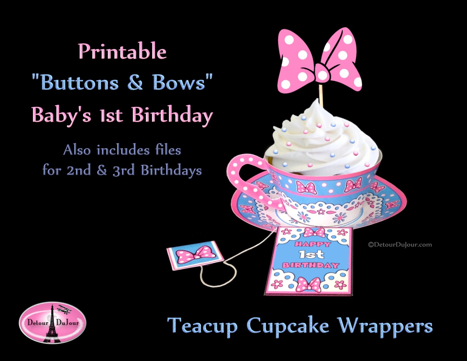 Babys 1st Birthday Tea Party 3D Paper Tea Cup Cupcake Wrappers PRINTABLE 1st Birthday Cupcake Holders Pink Blue 3D Teacup