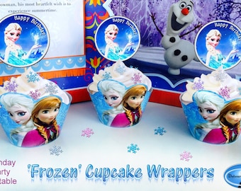 Soportes para cupcakes de Frozen para fiestas de cumpleaños, envoltorios para cupcakes de Frozen para imprimir, envoltorios para cupcakes de Elsa, Anna y Olaf, decoraciones para fiestas de cumpleaños de niñas