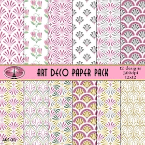 Art Deco Paper Pack: 12 x 12 Art Deco Digital Papers Pack, Art Deco Backgrounds Art Deco Patterns, Pink Silver, (A06-3D), Commercial Use