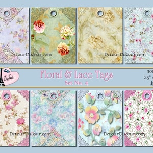 Wydrukowalne kwiatowe etykiety, etykiety do dziennika, etykiety w stylu shabby chic, 8 koronkowych zawieszek, etykiety produktów, kwiatowe zawieszki