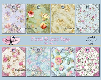 Printable Floral Tags Journal Tags, Shabby Chic Tags, 8 Lace Hang Tags, Product Tags, Flowered Hang Tags