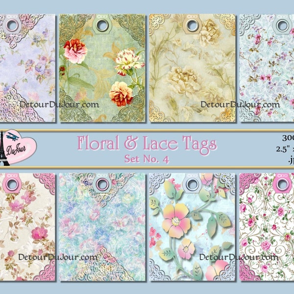 Afdrukbare bloementags Journal Tags, Shabby Chic Tags, 8 Lace Hang Tags, Product Tags, Gebloemde Hang Tags