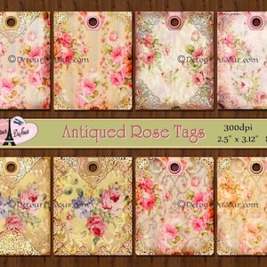 Printable Paper Hang Tags Antiqued Lace and Roses, Instant Digital Download Gift Tags, Shabby Chic Gift Tags Printable,Floral Hang Tags