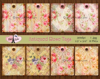 Printable Paper Hang Tags Antiqued Lace and Roses, Instant Digital Download Gift Tags, Shabby Chic Gift Tags Printable,Floral Hang Tags