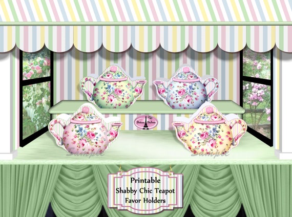 Bridal Shower Favors, Tea Party Treat Holders Shabby Chic Party Favor Holders, Printable Treat Boxes, Teabag Holders, Shabby Chic Teapot SC1