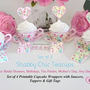 Rose Paper Tea Cup Cupcake Wrappers, Wedding Birthday Bridal Shower Tea Party Teacups OR Display Your Faux Cupcakes SC1