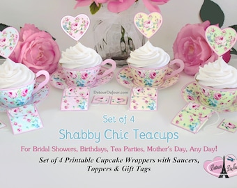 Rose Paper Tea Cup Cupcake Wrappers, Wedding Birthday Bridal Shower Tea Party Teacups OR Display Your Faux Cupcakes SC1