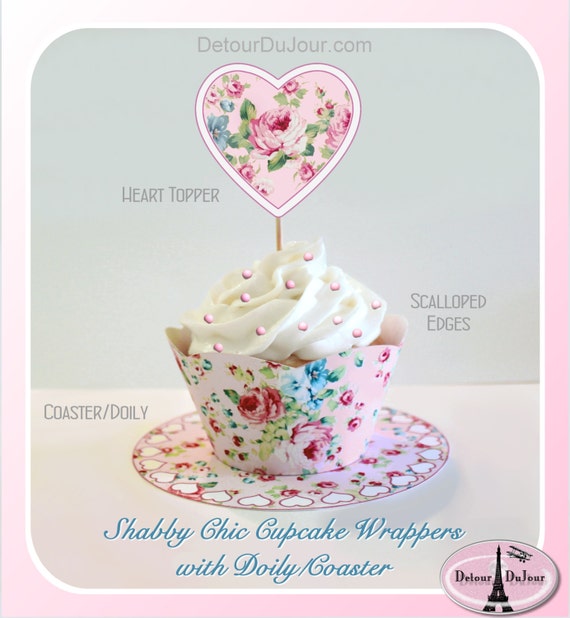 Pink Shabby Chic Cupcake Wrappers Printable Rose Birthday Etsy