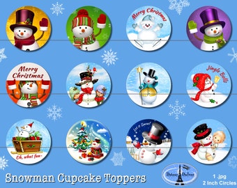 12 Cupcake Toppers Navidad Cupcake Toppers, Imprimible 2" Muñeco de Nieve Cupcake Toppers, Decoraciones de Cupcake de Navidad, Toppers Imprimibles