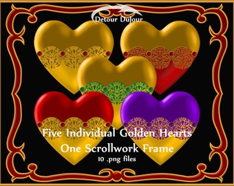 Heart Clipart, Valentine's Day Hearts, Greeting Card Clip Art, Gold Metallic Hearts, Elegant Card Making Hearts, Commercial Use