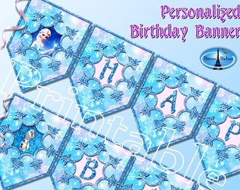 Personalized Frozen Birthday Banner Frozen Birthday Party Banner Personalized Printable Frozen Party Banner, Free Bonus "Let It Go" Banner