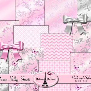 Paquete de papel digital plateado rosa metálico, papel de fondo de 12 hojas sedosas, papel para hacer invitaciones o tarjetas, papel decorativo, uso comercial