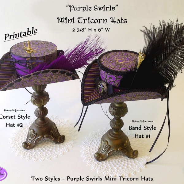 Printable Top Hats Halloween Costume Pirate Hats, 2 Purple Tricorn Mini Top Hats, Buccaneer Tricorn Hat, Decorate your own Mini Top Hats