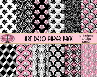 Art Deco Digital Paper Pack, 12" X 12" Art Deco Scrapbooking Paper Art Deco Paper Pink Black Silver A03-2D, Commercial Use