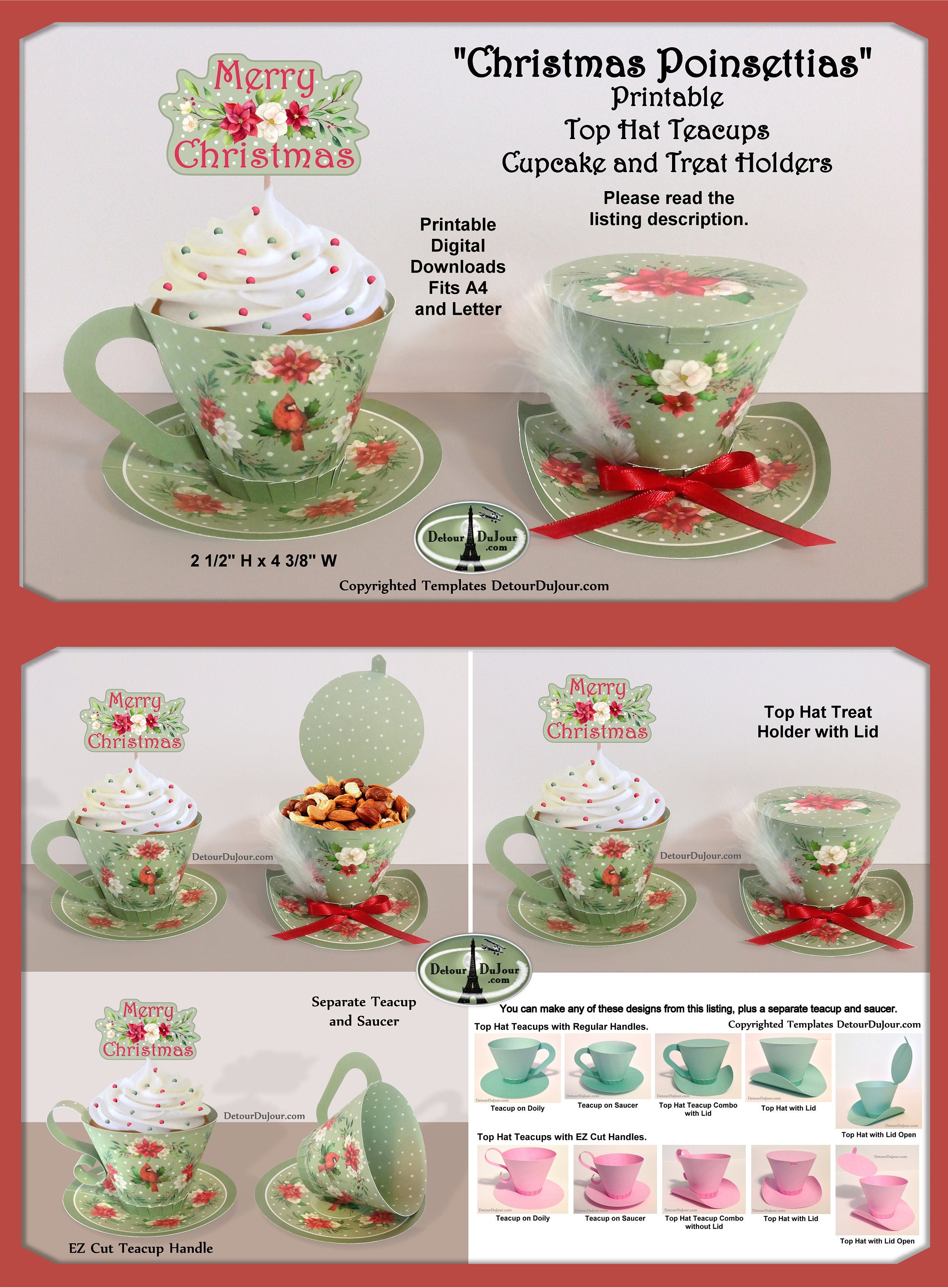 PRINTABLE Christmas Tea Cup Cupcake Wrappers, Mini Top Hat Party Favor