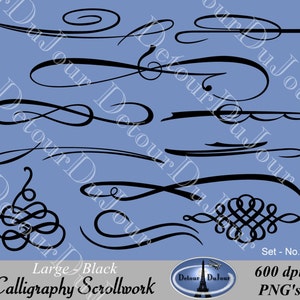 May include: A set of 10 black calligraphy scrollwork designs. The designs are intricate and elegant, and they would be perfect for adding a touch of class to any project.